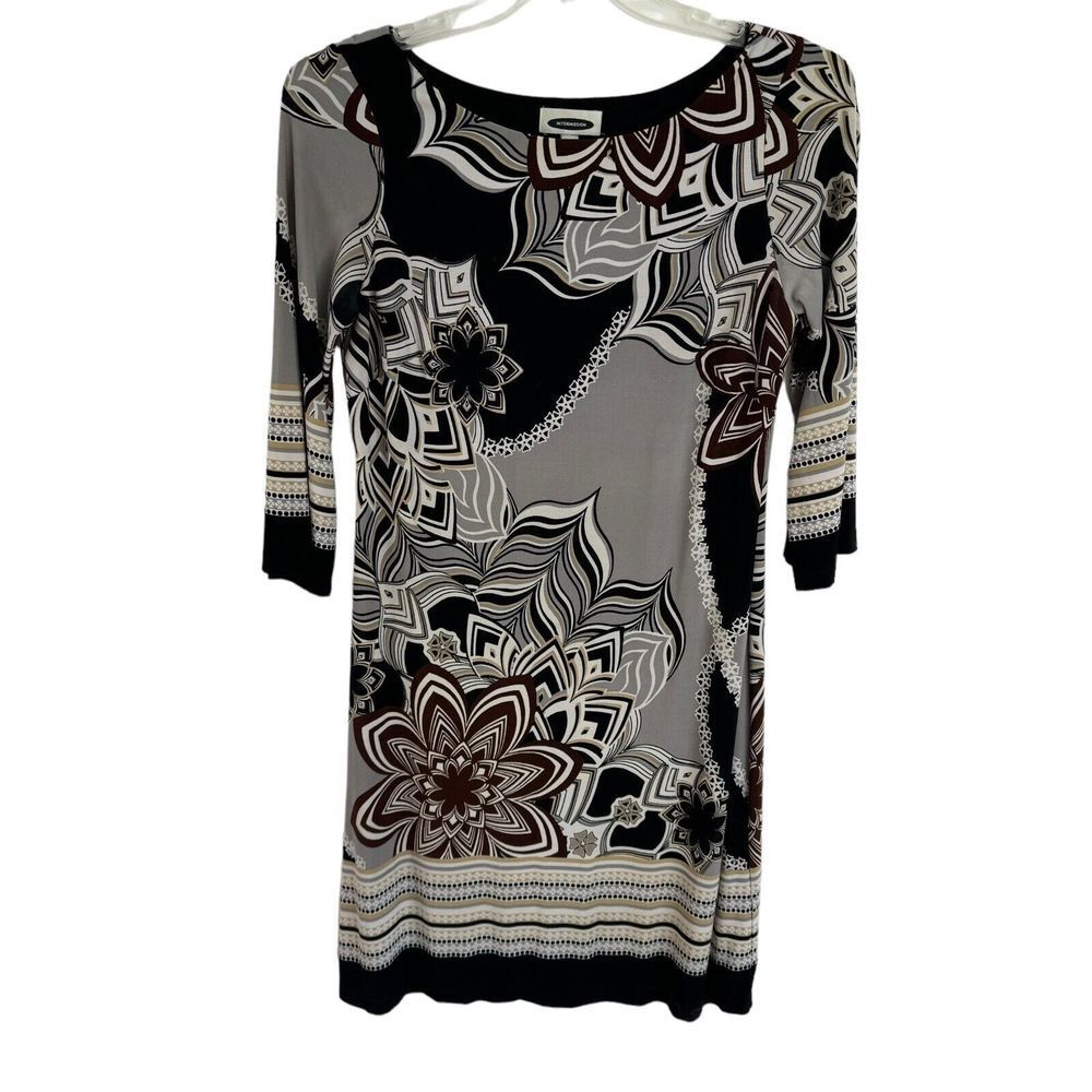 Intermission Sheath Dress Size 10 Black/Brown Print 3/4 Sleeves Stretchy